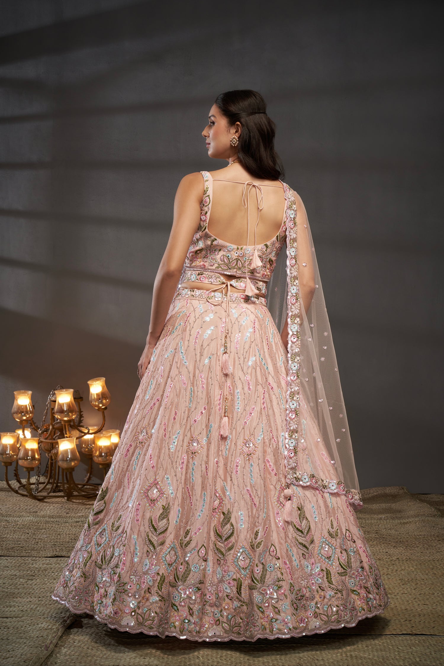 Peach Pure Chiffon &amp; Heavy Embroidery Bridal Lehenga &amp; Dupatta