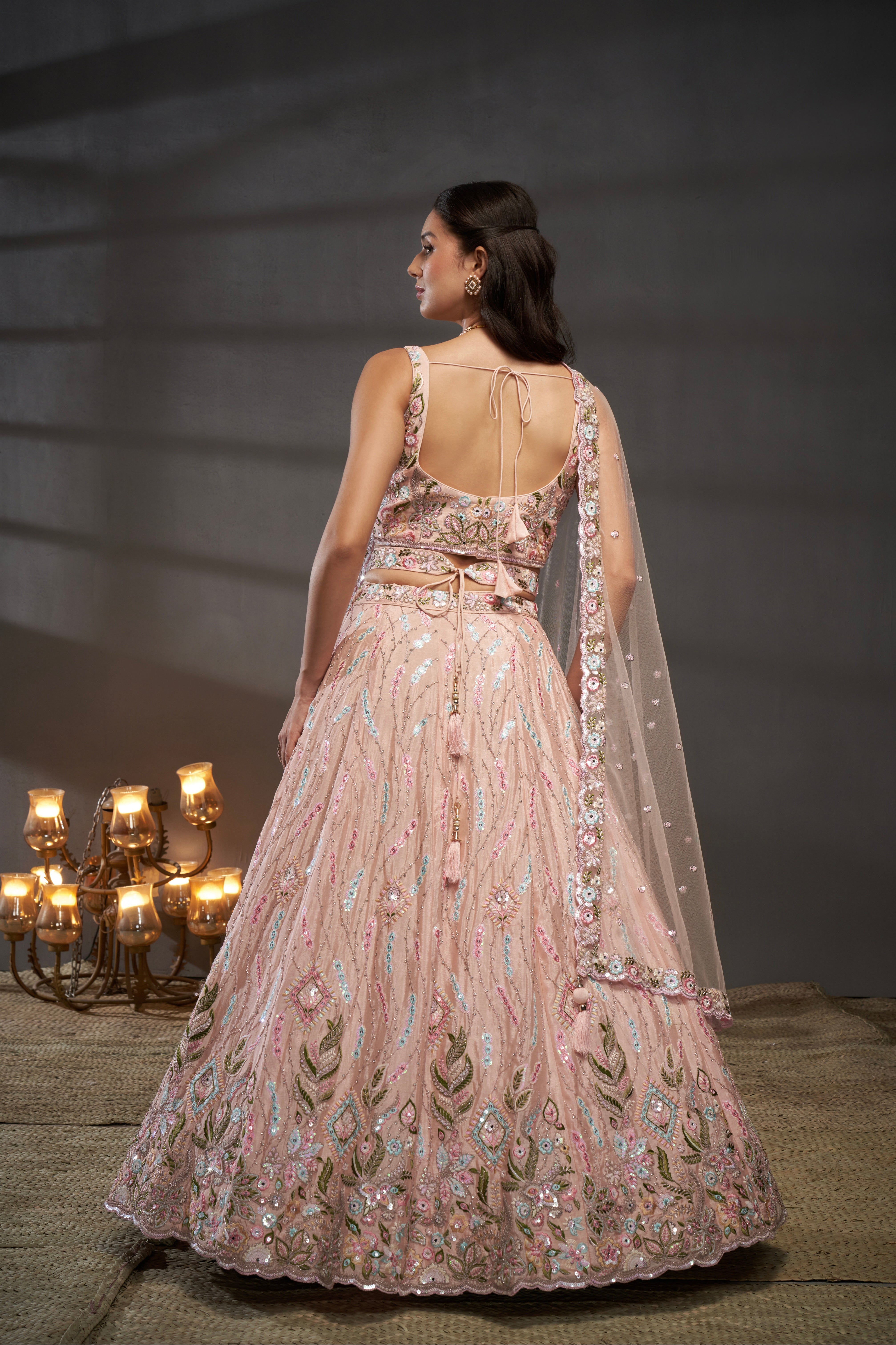 Peach Pure Chiffon & Heavy Embroidery Bridal Lehenga & Dupatta