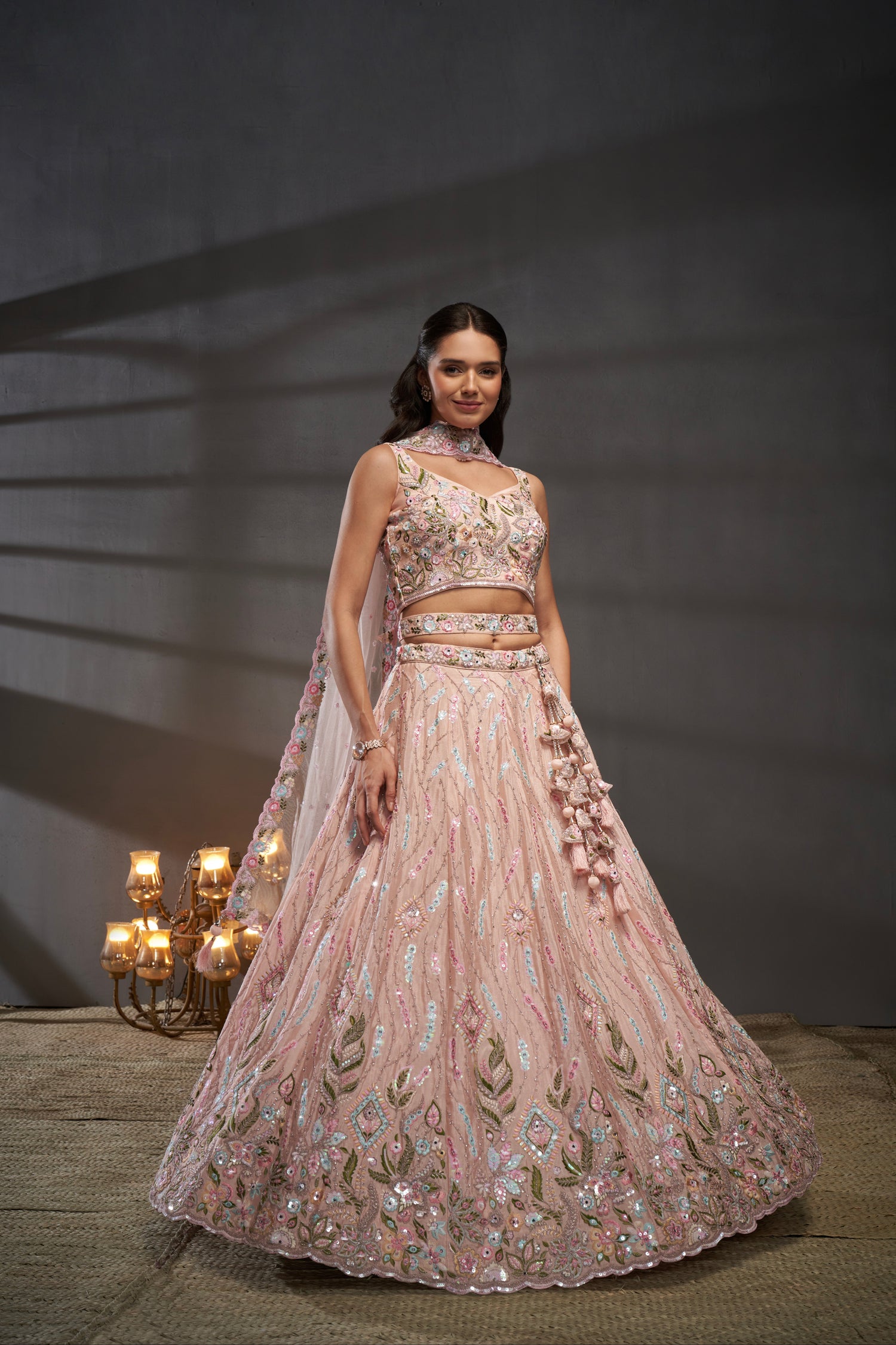 Peach Pure Chiffon &amp; Heavy Embroidery Bridal Lehenga &amp; Dupatta
