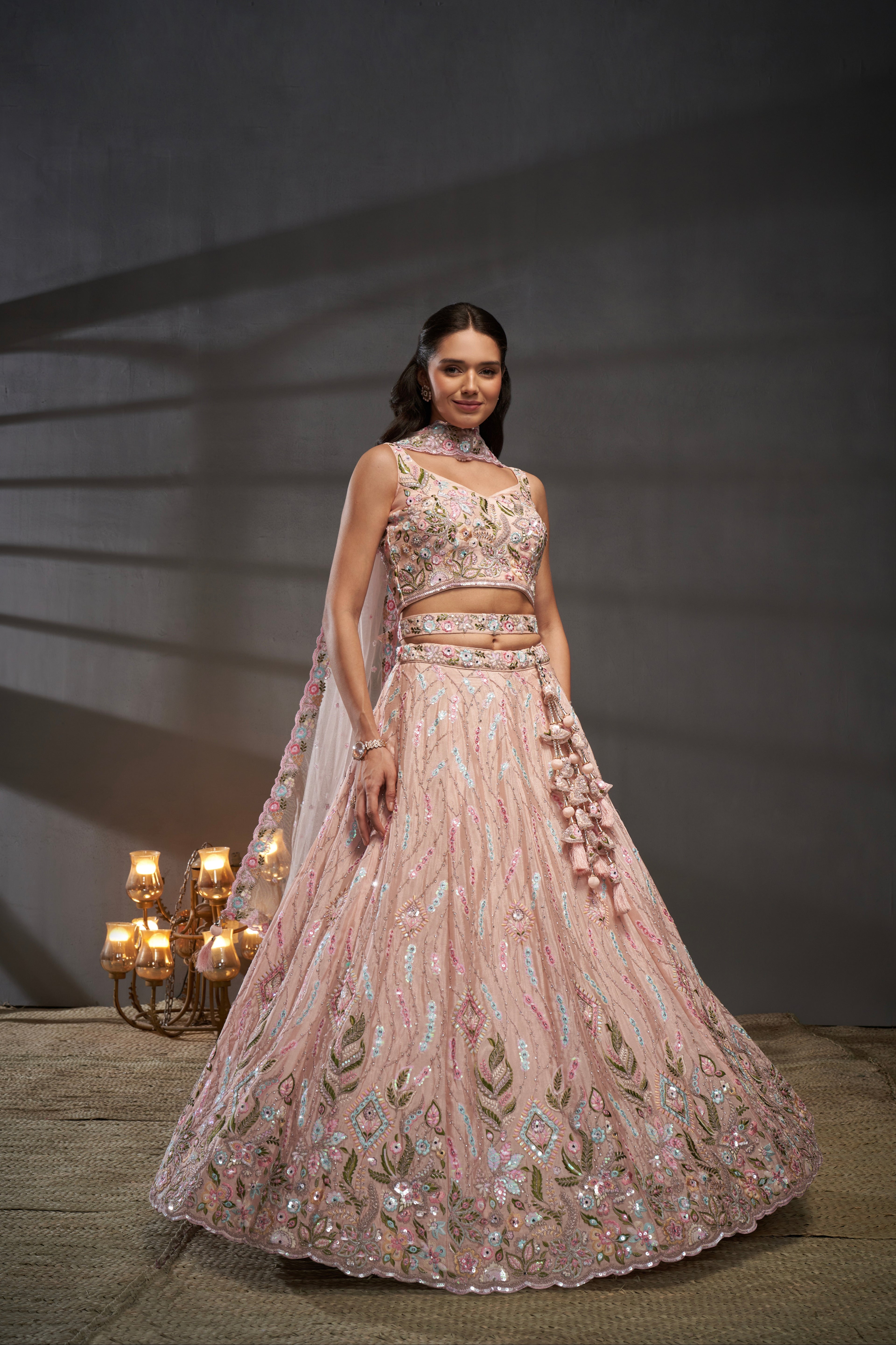 Peach Pure Chiffon &amp; Heavy Embroidery Bridal Lehenga &amp; Dupatta