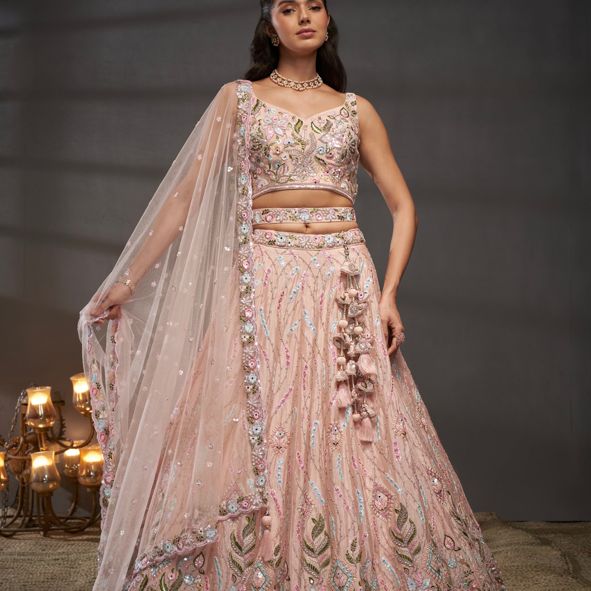 Peach Pure Chiffon & Heavy Embroidery Bridal Lehenga & Dupatta