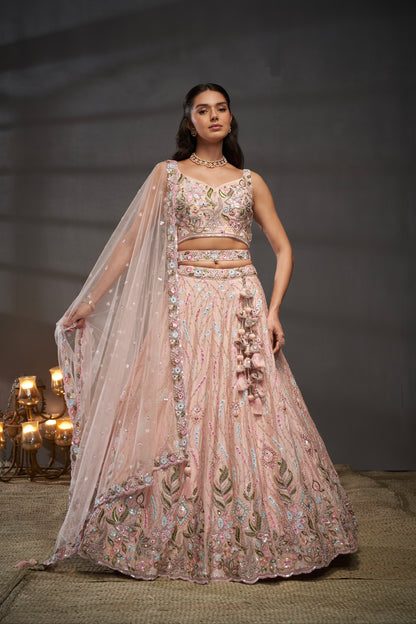 Peach Pure Chiffon &amp; Heavy Embroidery Bridal Lehenga &amp; Dupatta