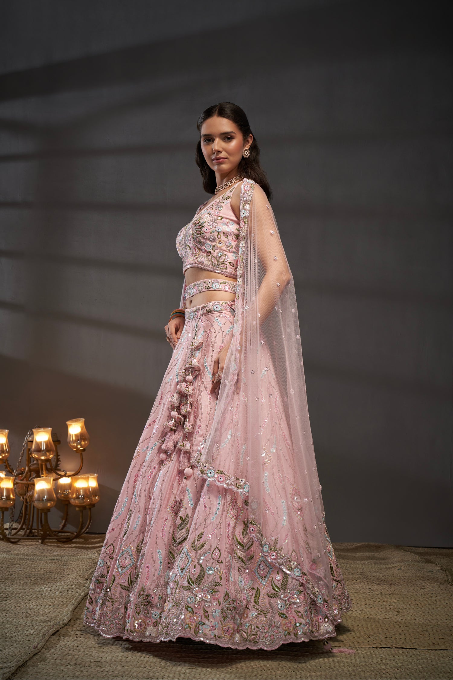 Pink Pure Chiffon &amp; Heavy Embroidery Bridal Lehenga &amp; Dupatta