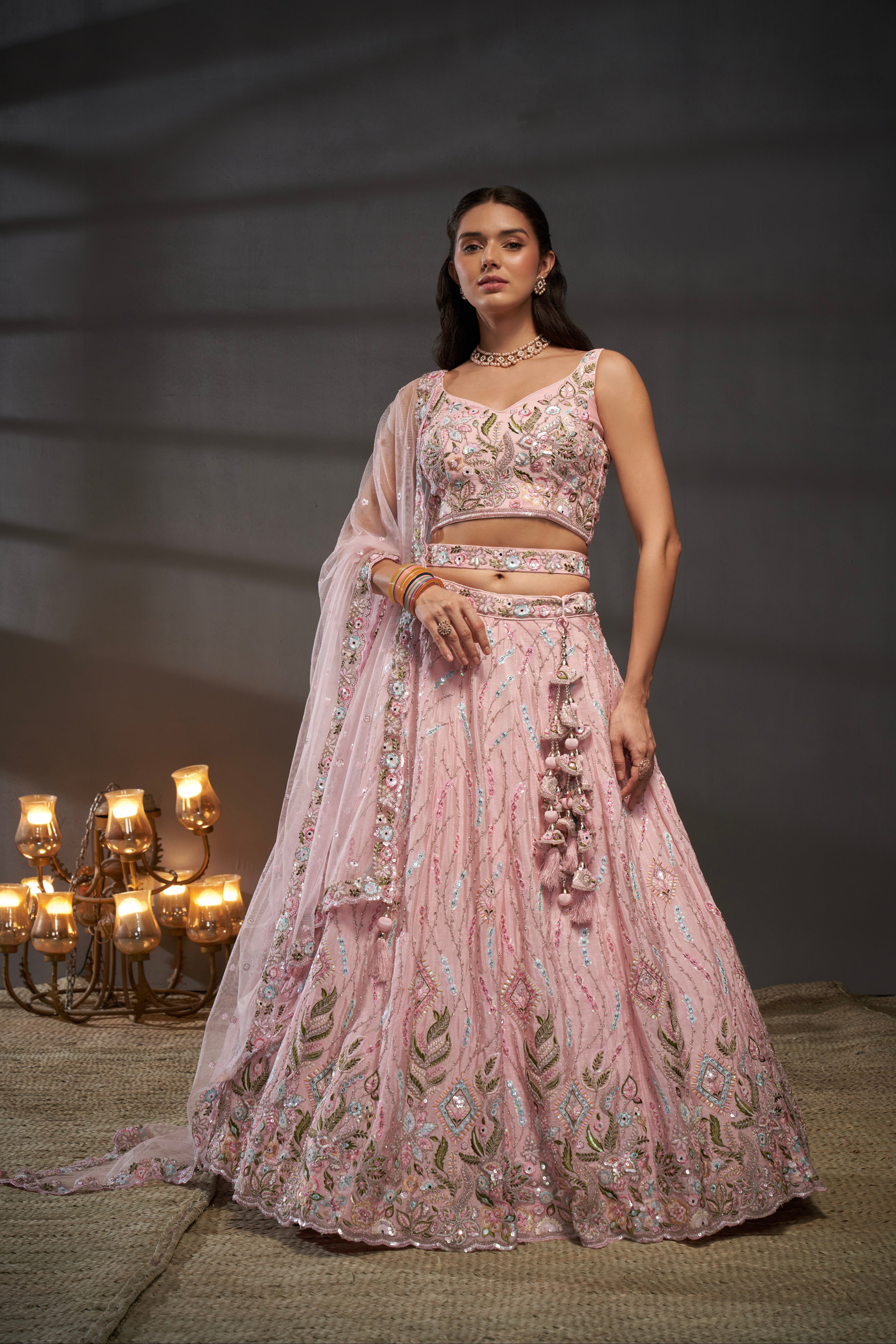 Pink Pure Chiffon &amp; Heavy Embroidery Bridal Lehenga &amp; Dupatta