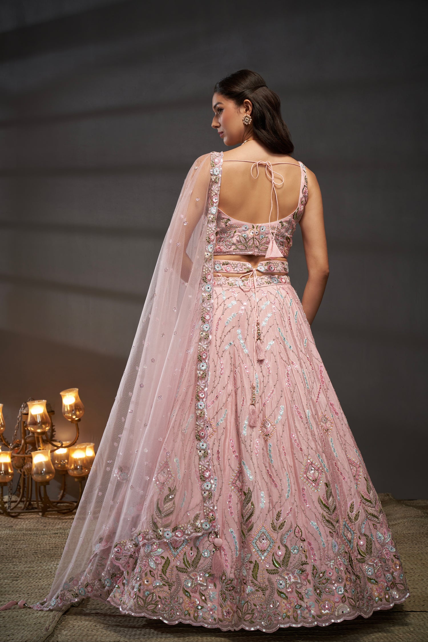 Pink Pure Chiffon &amp; Heavy Embroidery Bridal Lehenga &amp; Dupatta