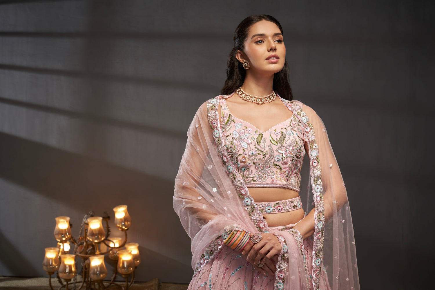Pink Pure Chiffon &amp; Heavy Embroidery Bridal Lehenga &amp; Dupatta