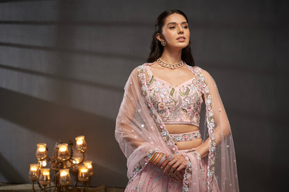 Pink Pure Chiffon &amp; Heavy Embroidery Bridal Lehenga &amp; Dupatta