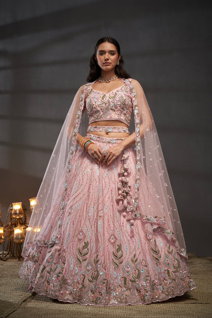 Pink Pure Chiffon &amp; Heavy Embroidery Bridal Lehenga &amp; Dupatta