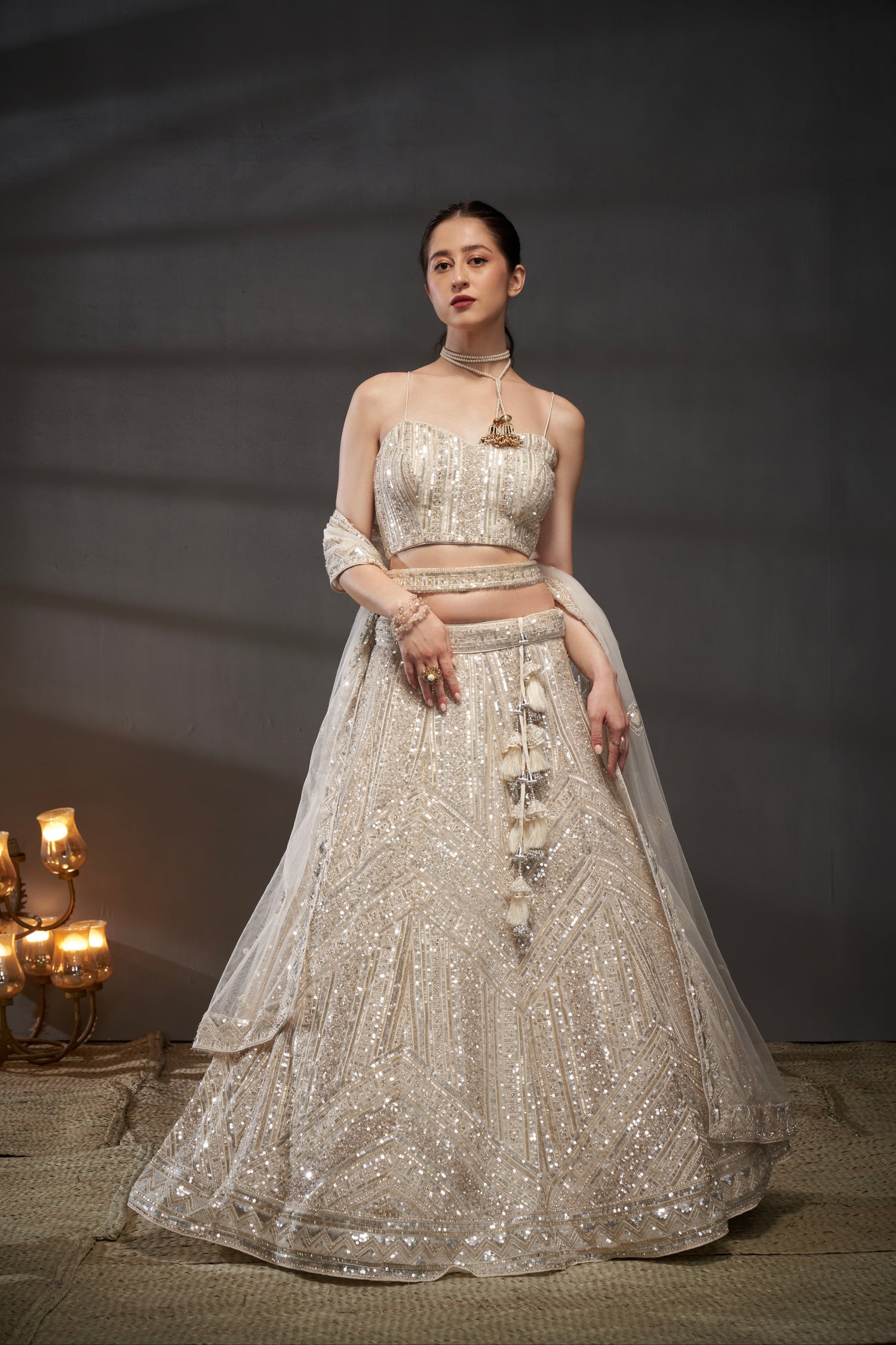 Cream Sequins and Zarkan Embroidery Net Lehenga Choli &amp; Dupatta
