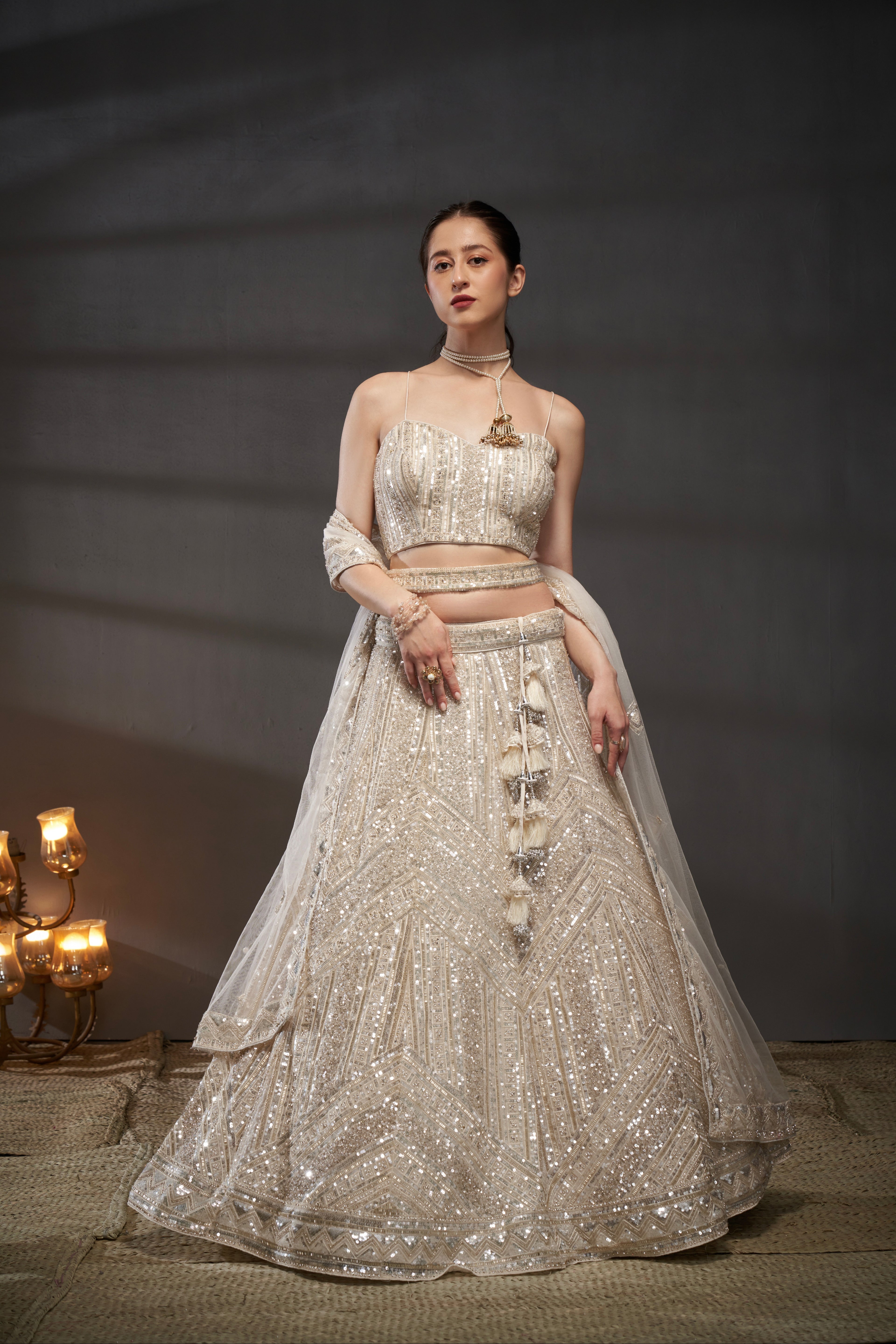 Cream Sequins and Zarkan Embroidery Net Lehenga Choli &amp; Dupatta