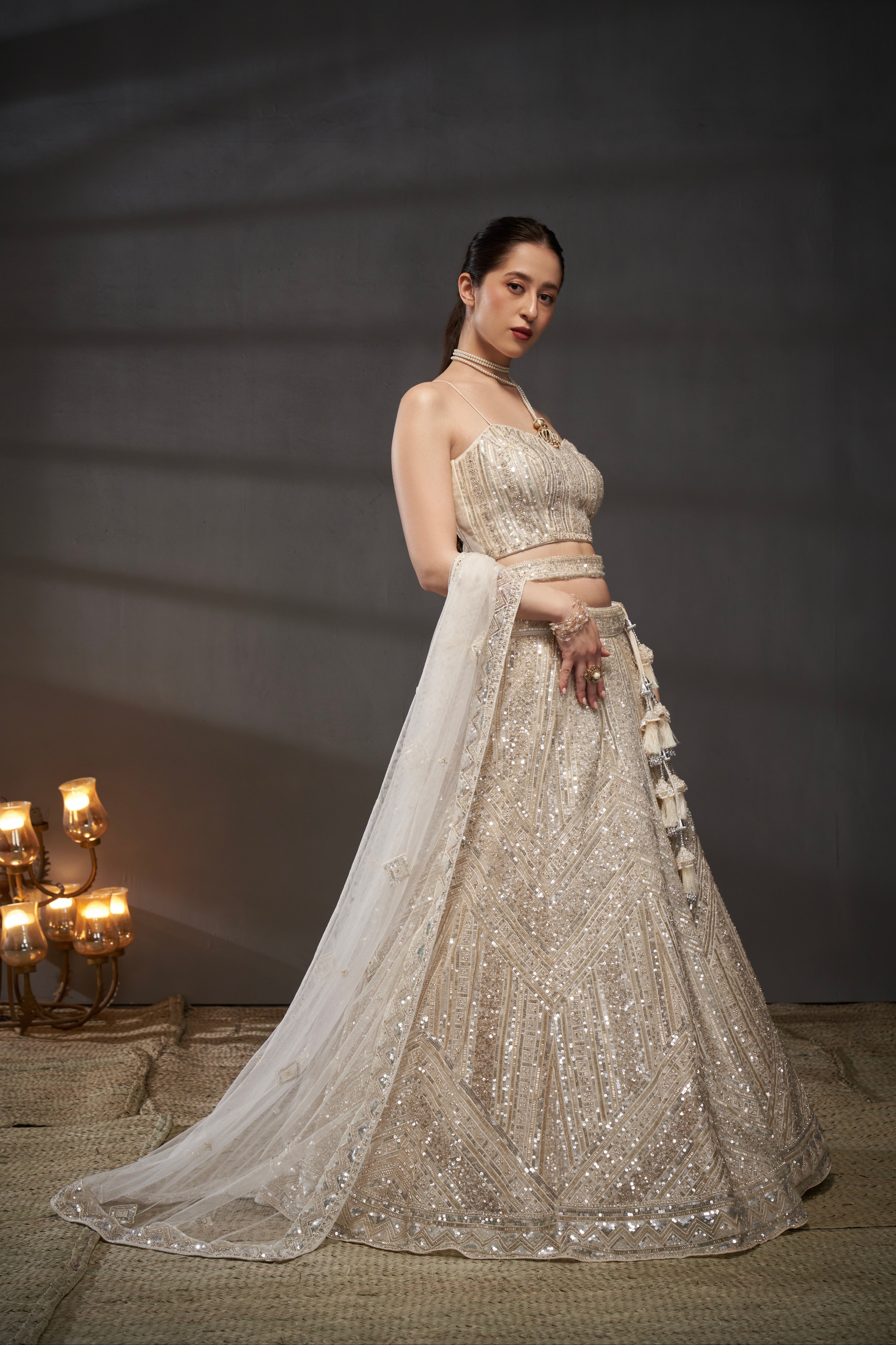 Cream Sequins and Zarkan Embroidery Net Lehenga Choli &amp; Dupatta