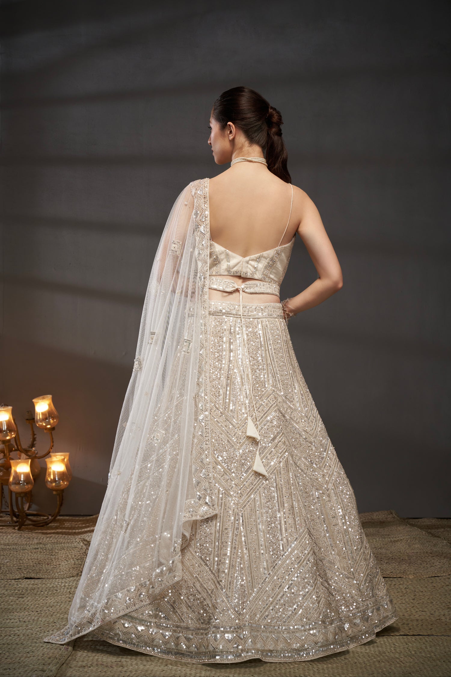 Cream Sequins and Zarkan Embroidery Net Lehenga Choli &amp; Dupatta