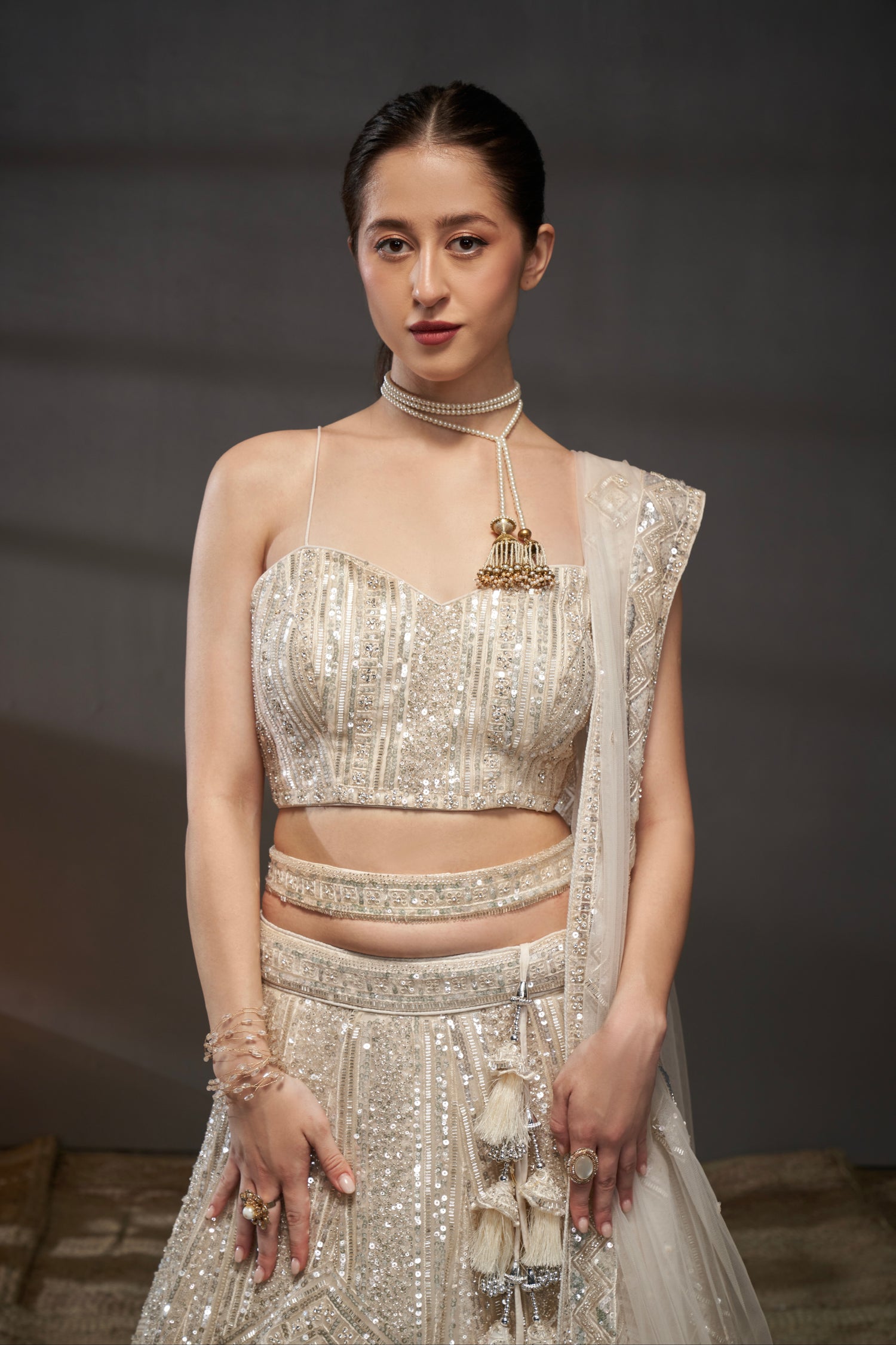 Cream Sequins and Zarkan Embroidery Net Lehenga Choli &amp; Dupatta
