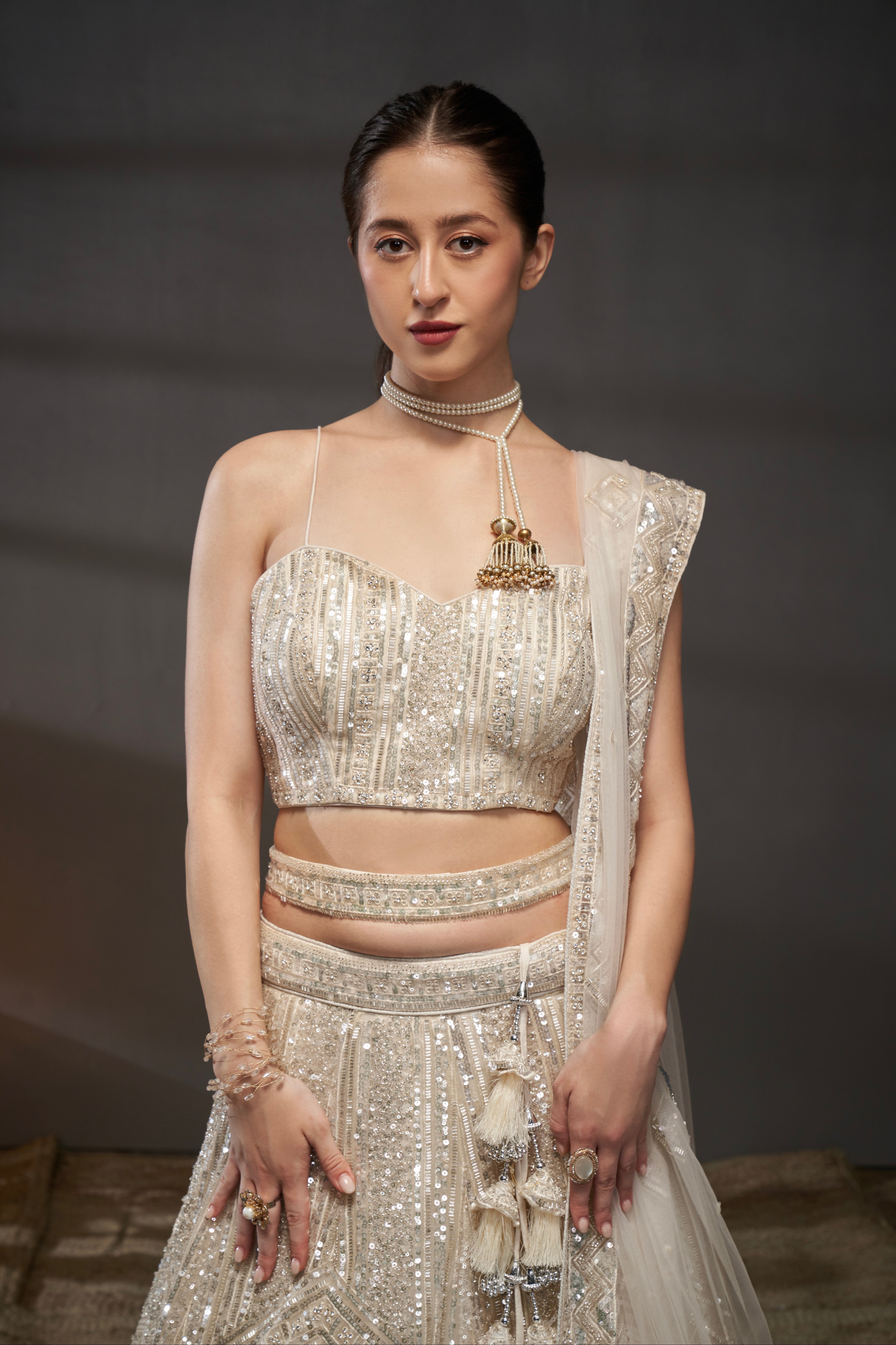Cream Sequins and Zarkan Embroidery Net Lehenga Choli &amp; Dupatta