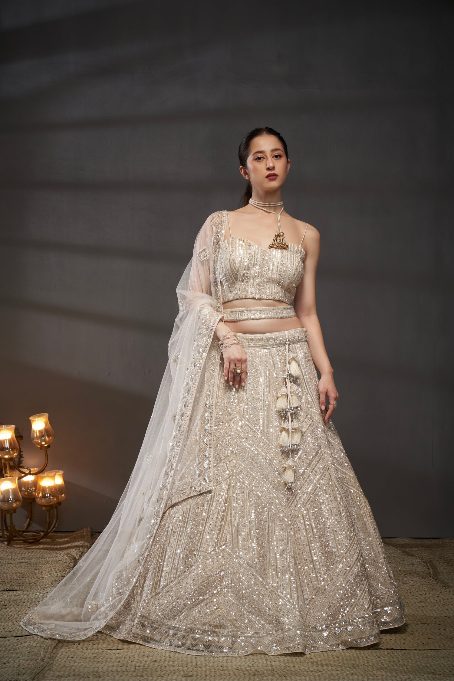 Cream Sequins and Zarkan Embroidery Net Lehenga Choli &amp; Dupatta