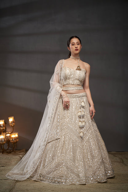 Cream Sequins and Zarkan Embroidery Net Lehenga Choli &amp; Dupatta