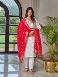 Women's White Jacquard Viscose Embroidered Straight Kurta with Gadhwal Pant and Jacquard Silk Dupatta Sets