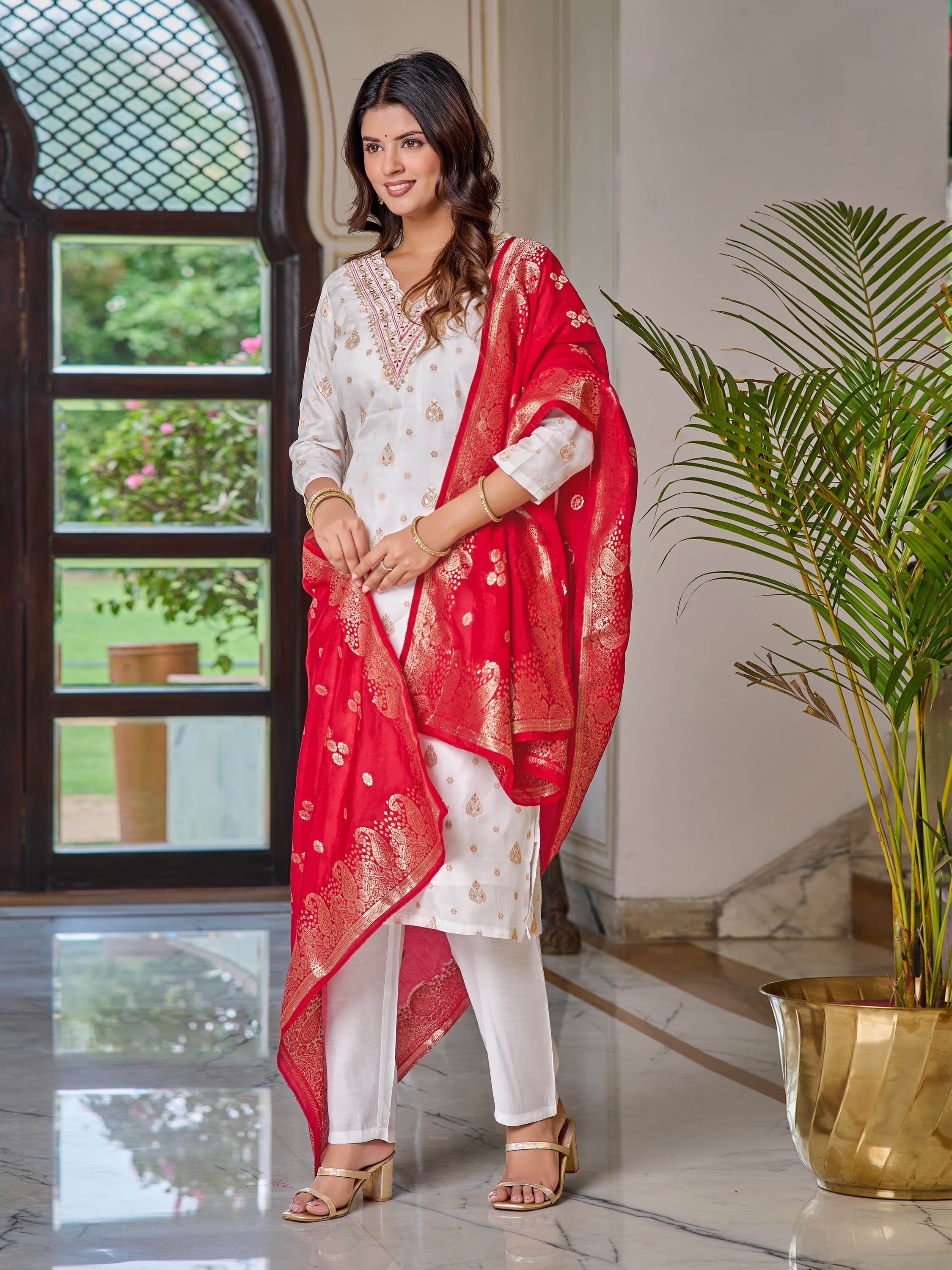 Women's White Jacquard Viscose Embroidered Straight Kurta with Gadhwal Pant and Jacquard Silk Dupatta Sets