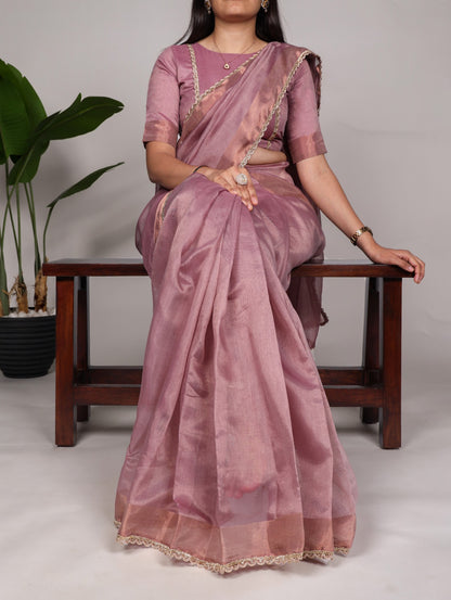 Onion Mannat Silk Saree with Zari Weaving &amp; Lace Border