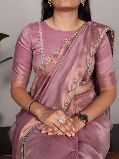Onion Mannat Silk Saree with Zari Weaving &amp; Lace Border