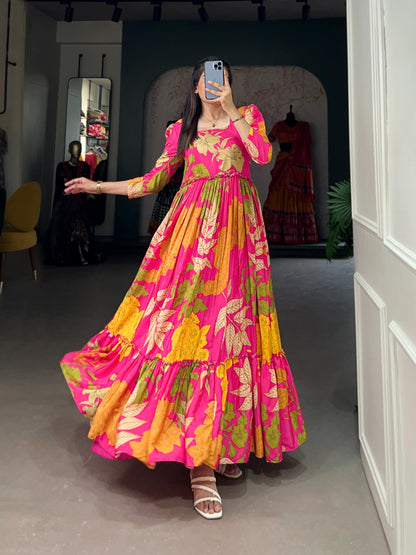 Pink Floral Printed Silk Event Wear Gown