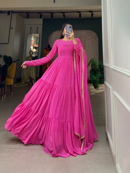 Pink Printed Georgette Gown With Dupatta