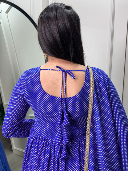Blue Printed Georgette Gown With Dupatta