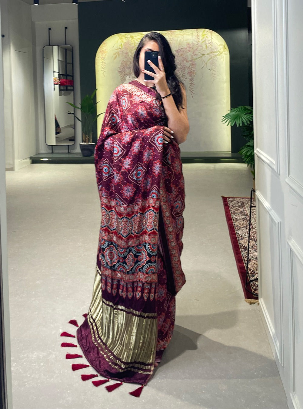 Brown Color Floral &amp; Foil Work Gaji Silk Saree