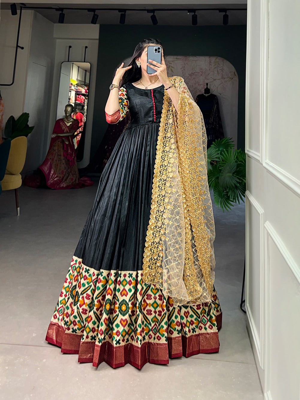 Black Printed Dola Silk Gown With Dupatta