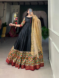 Black Printed Dola Silk Gown With Dupatta