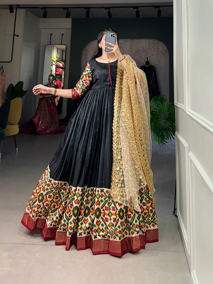 Black Printed Dola Silk Gown With Dupatta