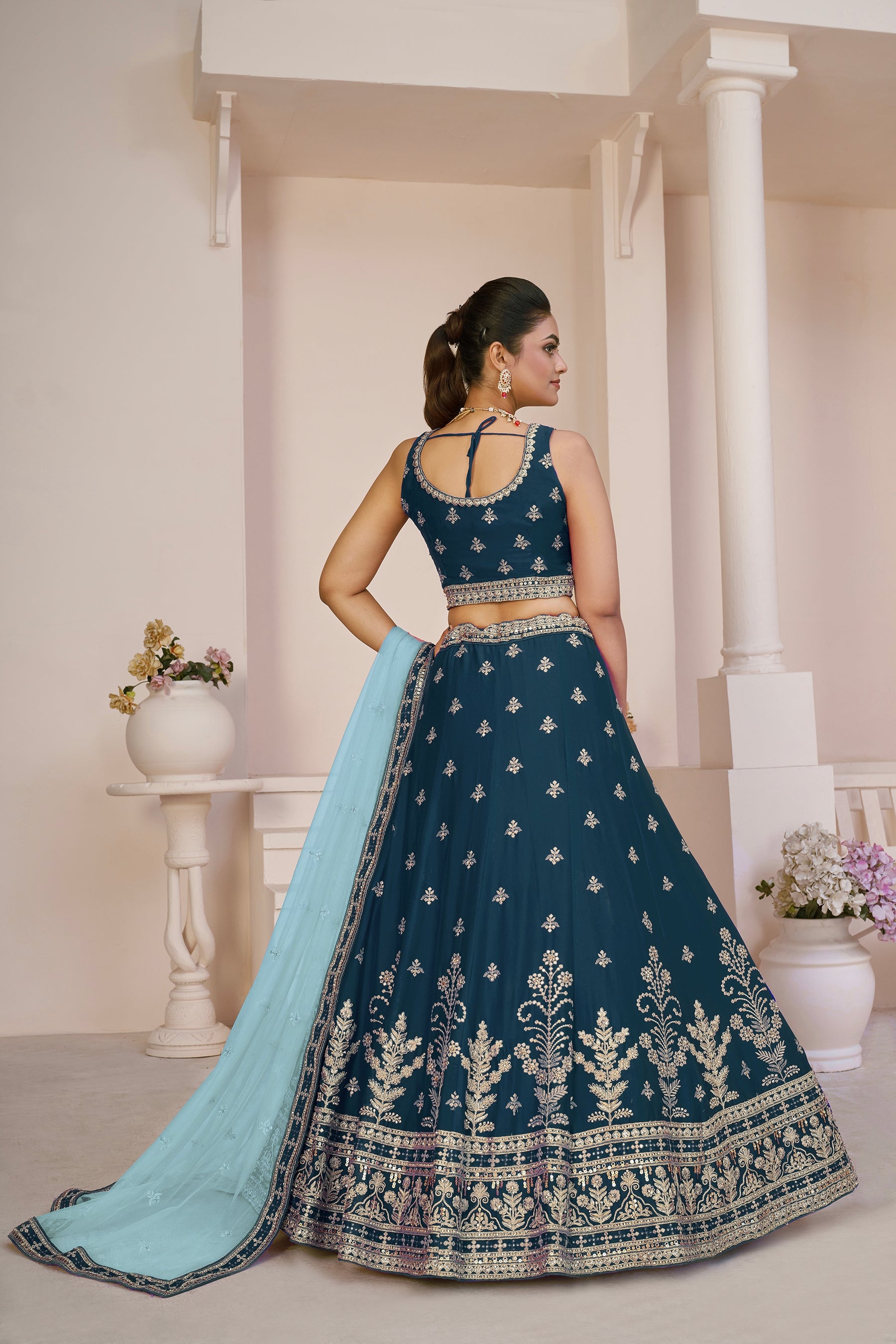 Blue Soft Net Lehenga with Golden Zari Embroidery