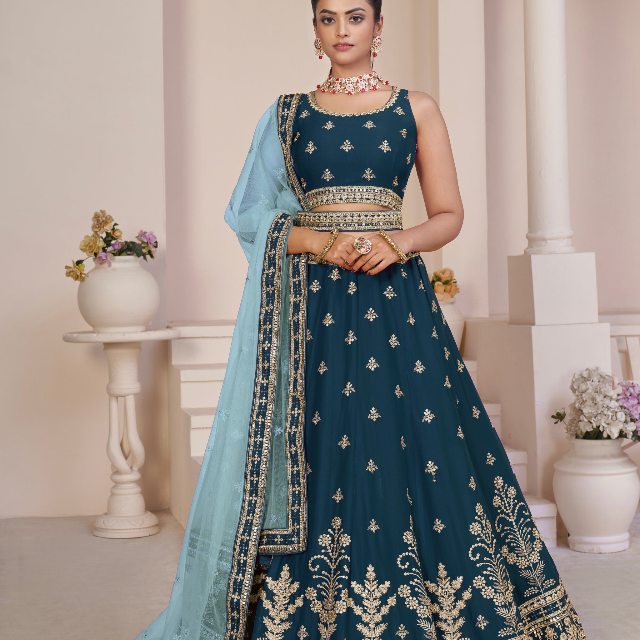 Blue Soft Net Lehenga with Golden Zari Embroidery