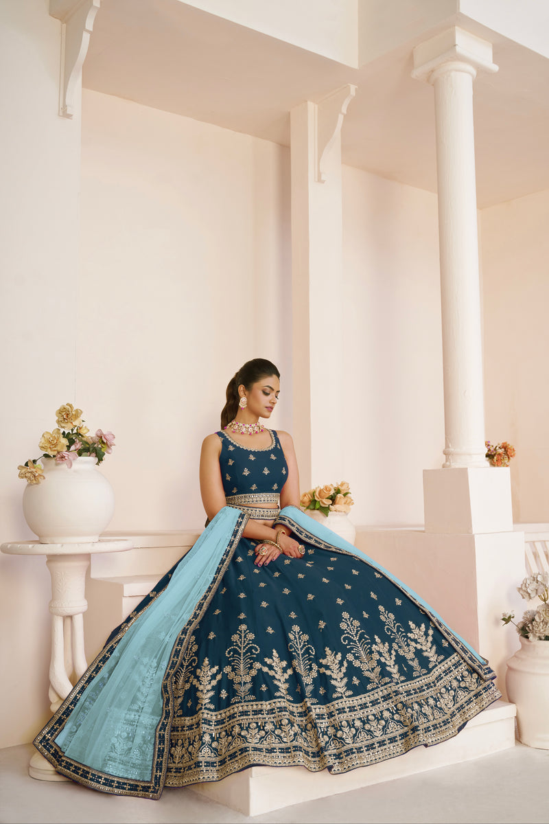 Blue Soft Net Lehenga with Golden Zari Embroidery
