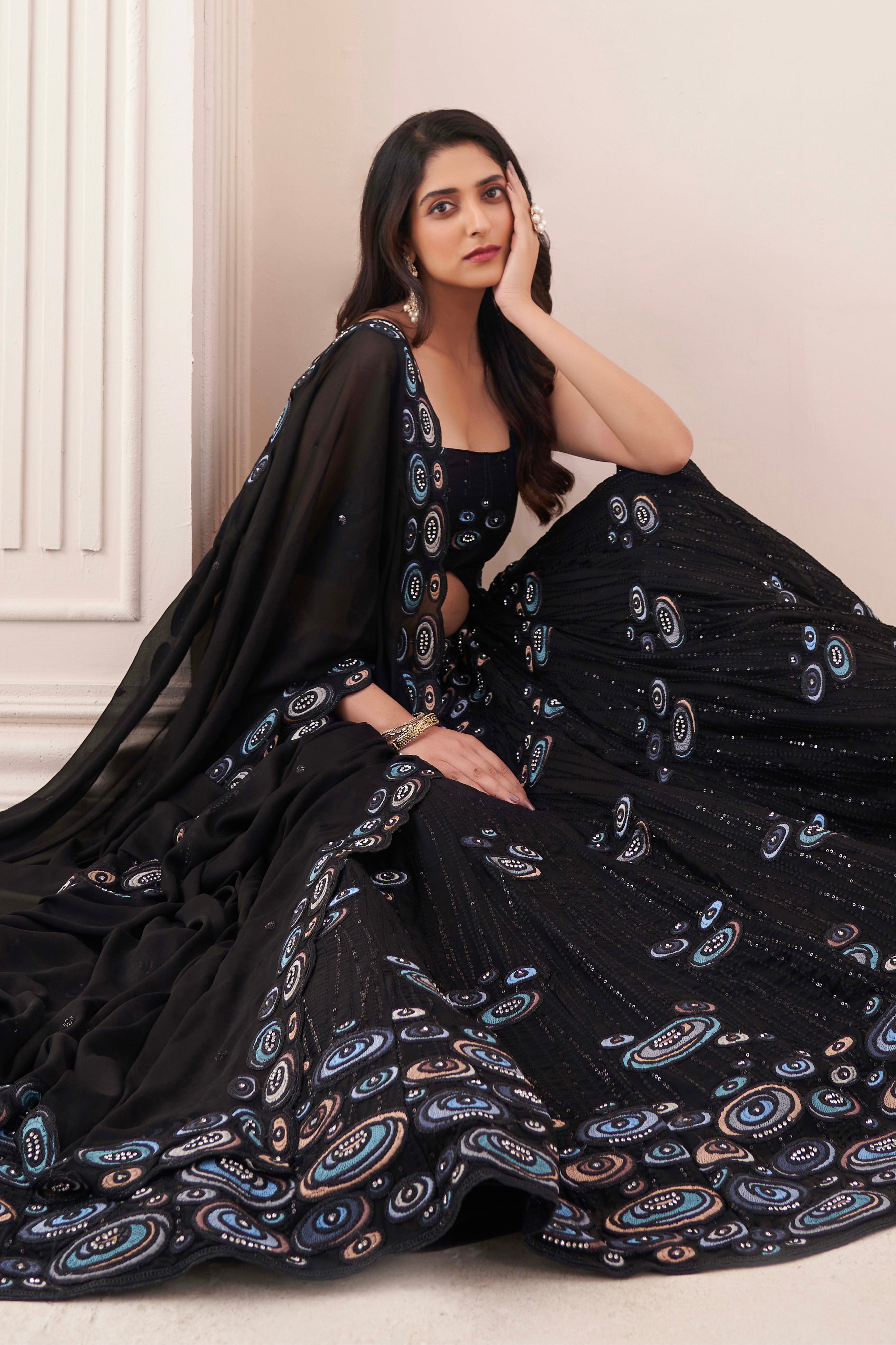 Black Georgette Embroidered Lehenga with Thread, Sequins &amp; Zarkan Work