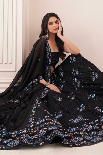 Black Georgette Embroidered Lehenga with Thread, Sequins &amp; Zarkan Work