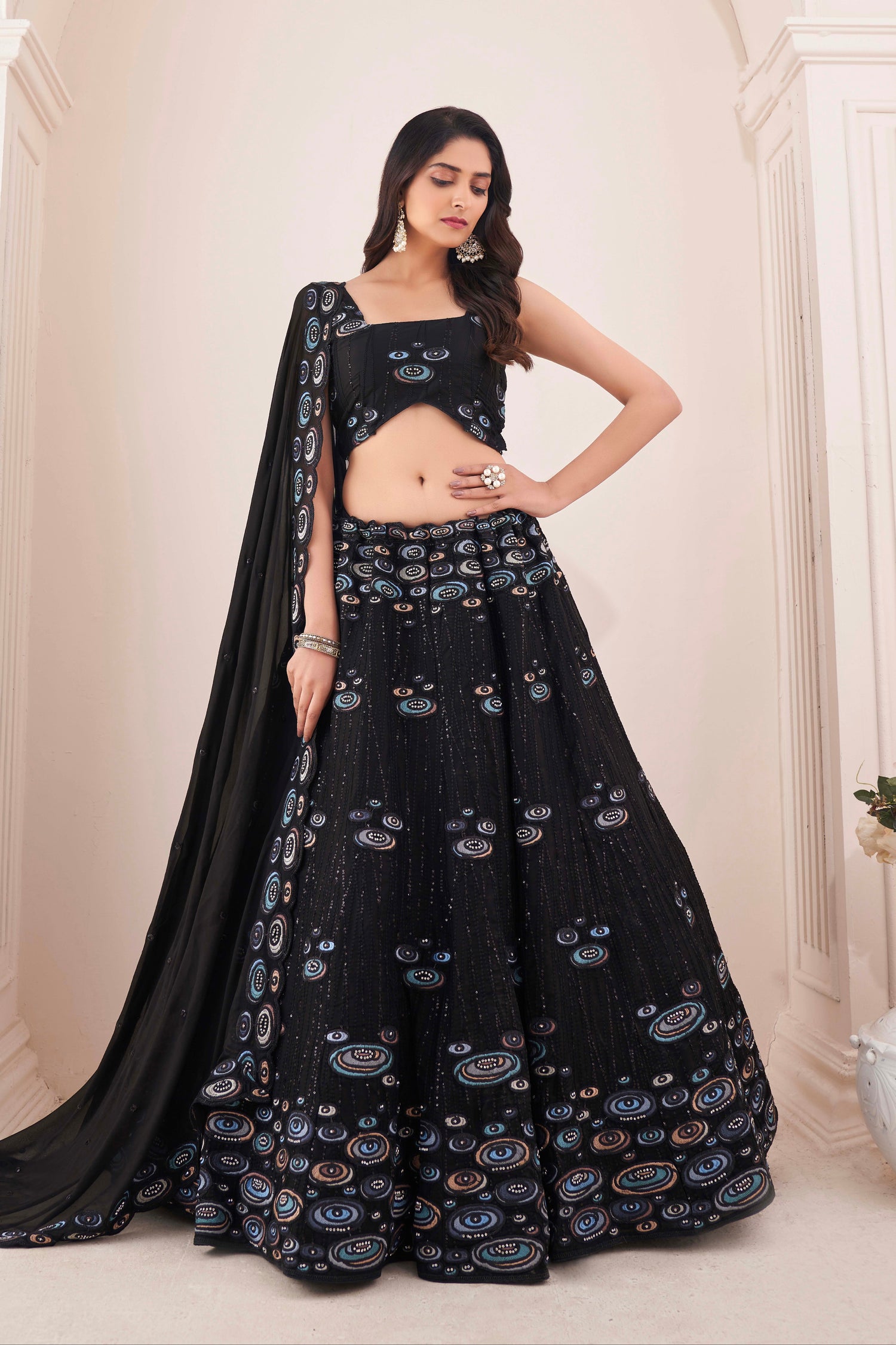 Black Georgette Embroidered Lehenga with Thread, Sequins &amp; Zarkan Work