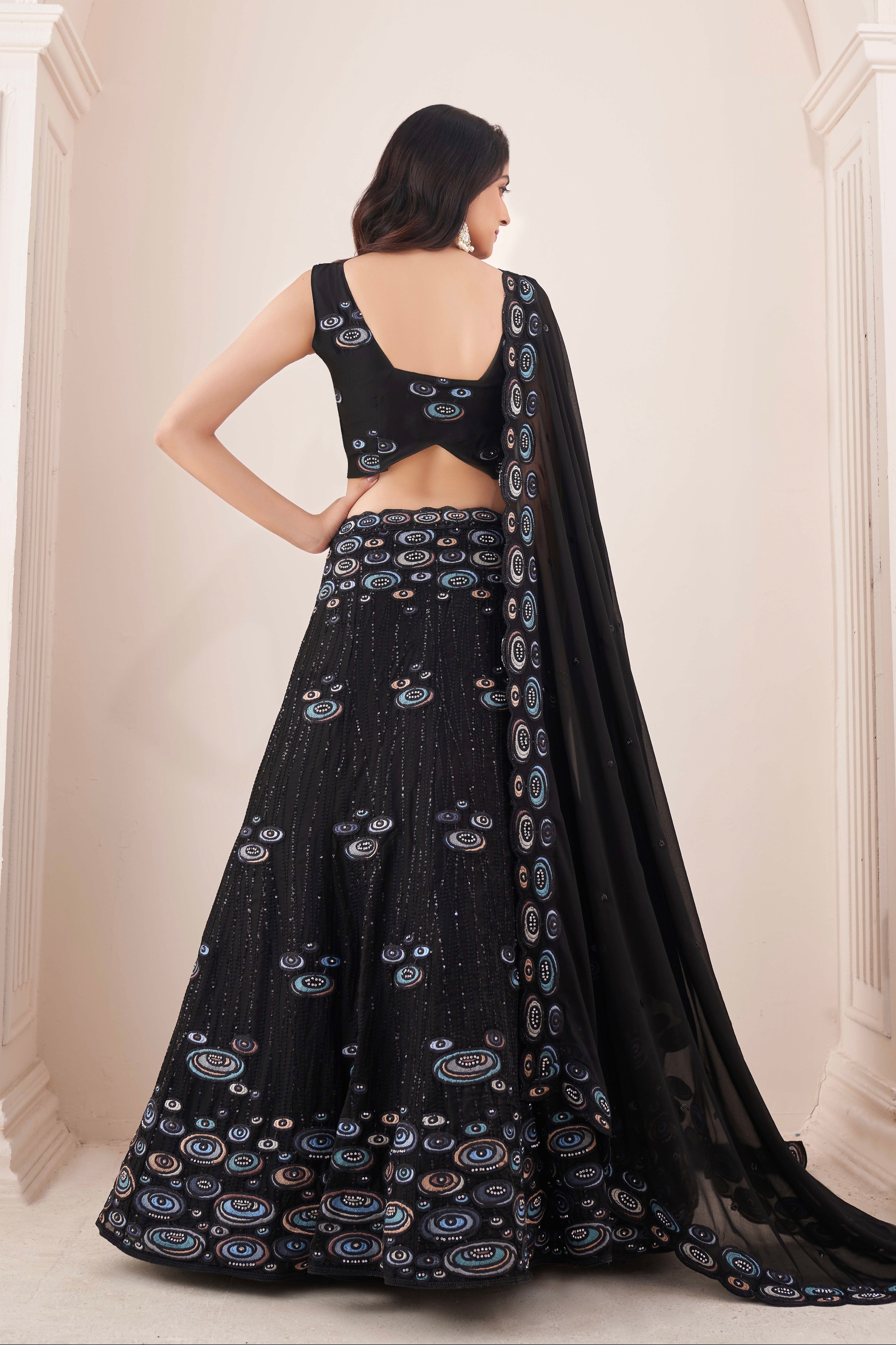 Black Georgette Embroidered Lehenga with Thread, Sequins &amp; Zarkan Work