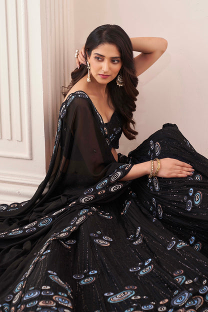 Black Georgette Embroidered Lehenga with Thread, Sequins &amp; Zarkan Work