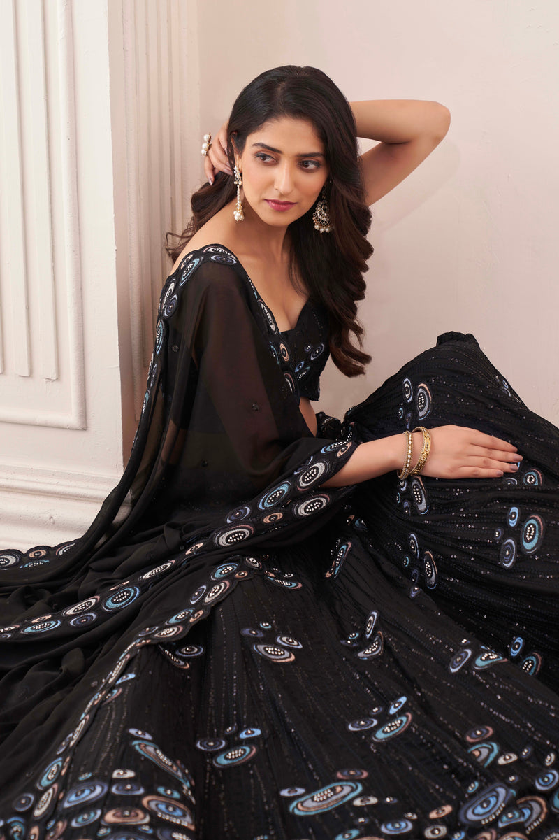 Black Georgette Embroidered Lehenga with Thread, Sequins & Zarkan Work
