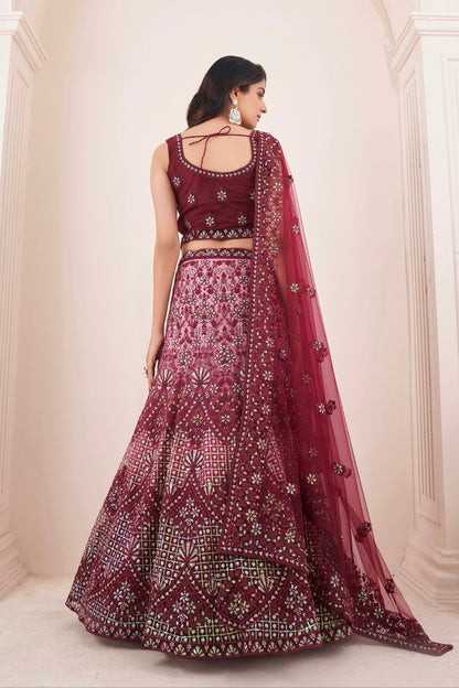Burgundy Soft Net Lehenga Choli with Thread, Sequins, and Zarkan Work