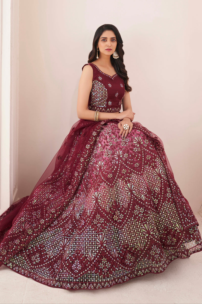 Burgundy Soft Net Lehenga Choli with Thread, Sequins, and Zarkan Work