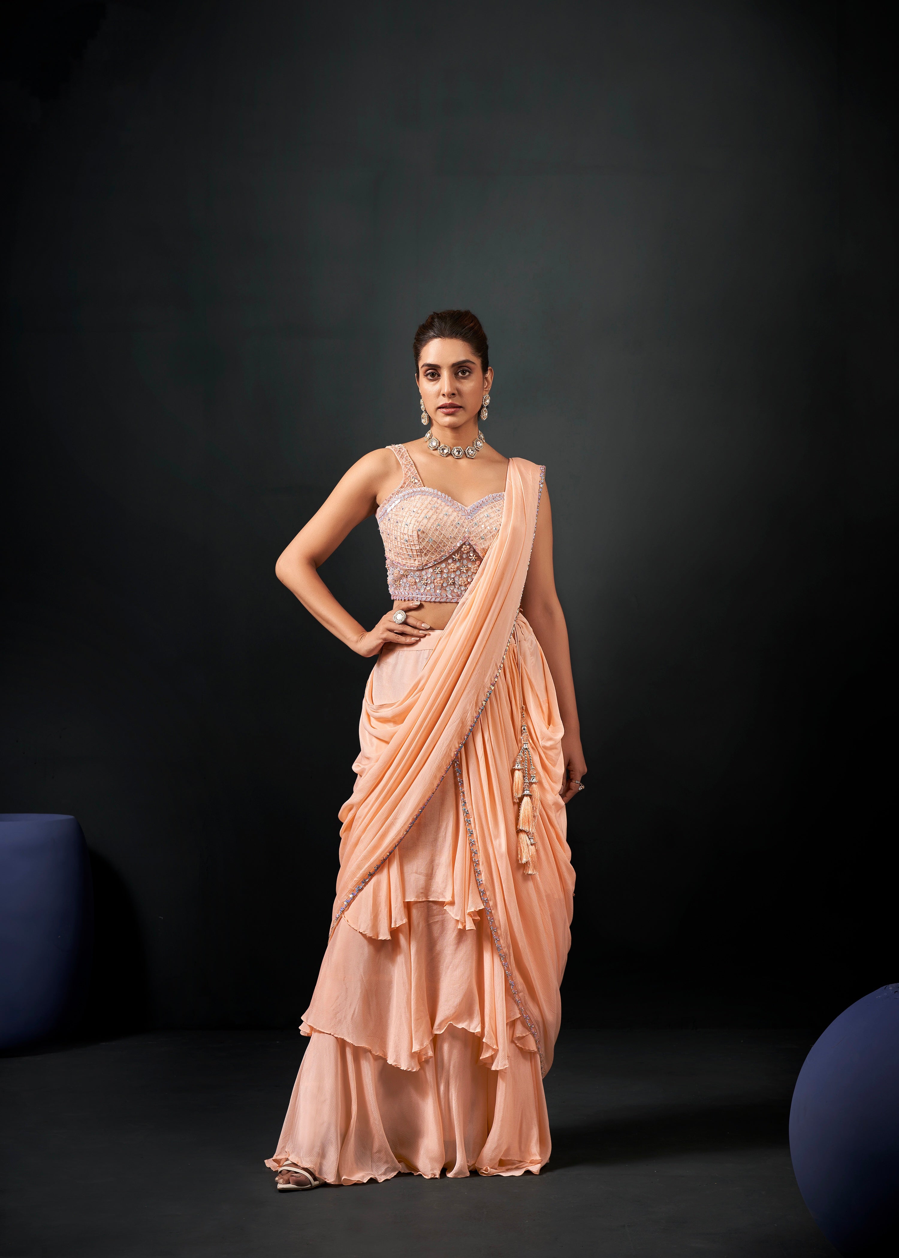 Peach Ready-to-Wear Georgette Chiffon Saree &amp; Hand Embroidered Blouse