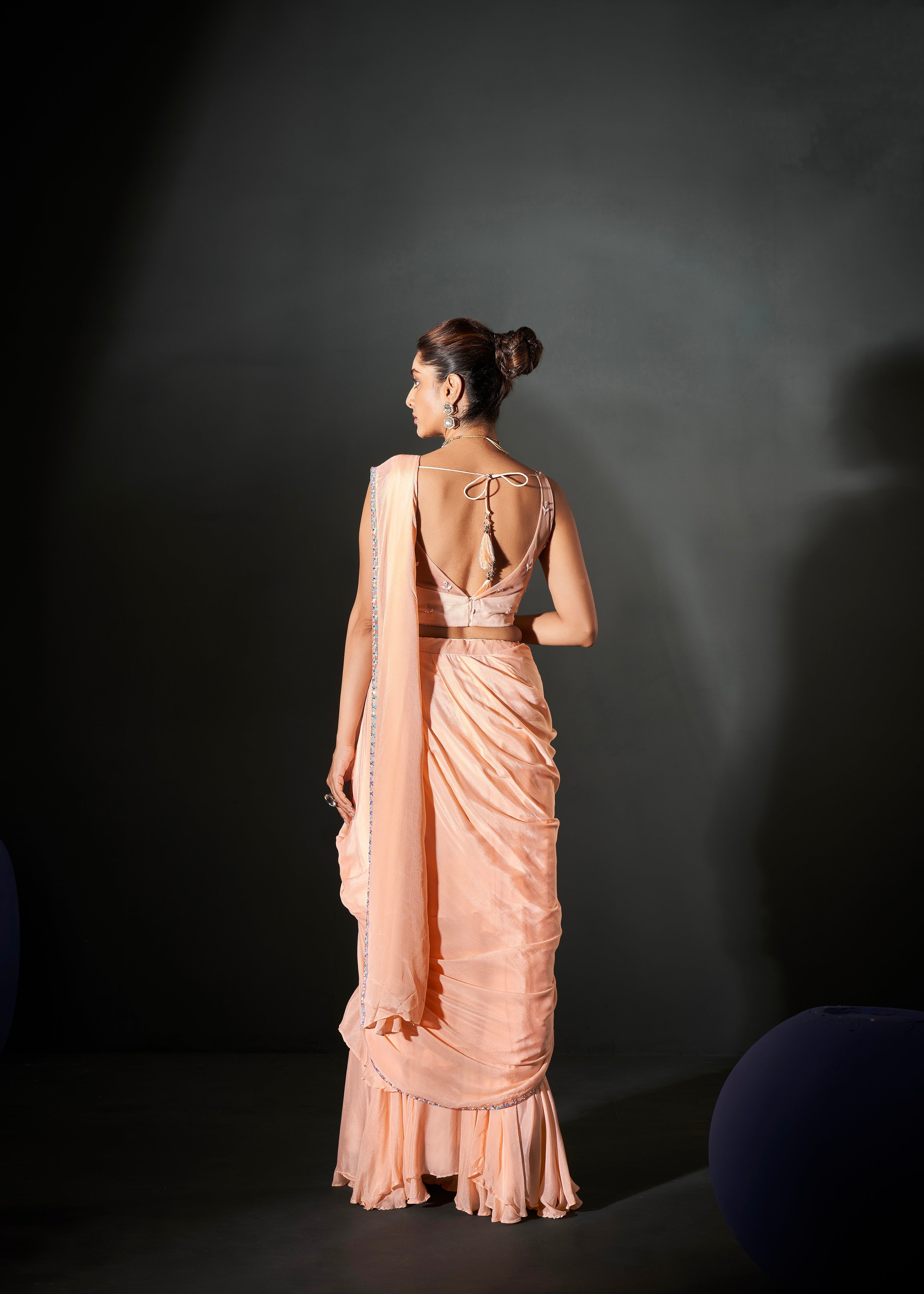 Peach Ready-to-Wear Georgette Chiffon Saree & Hand Embroidered Blouse