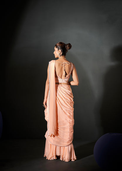 Peach Ready-to-Wear Georgette Chiffon Saree &amp; Hand Embroidered Blouse
