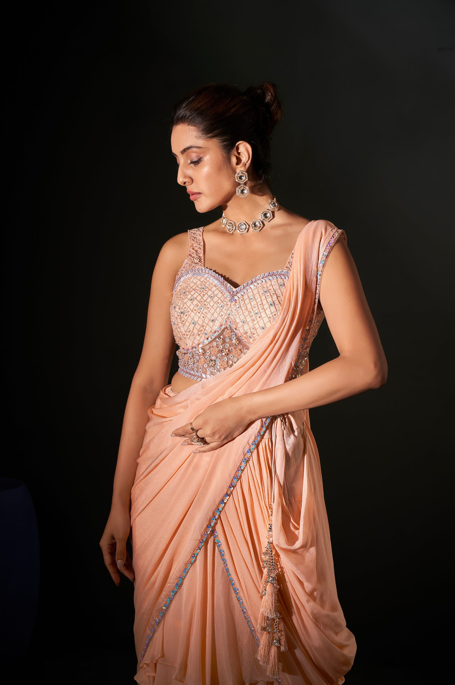 Peach Ready-to-Wear Georgette Chiffon Saree &amp; Hand Embroidered Blouse