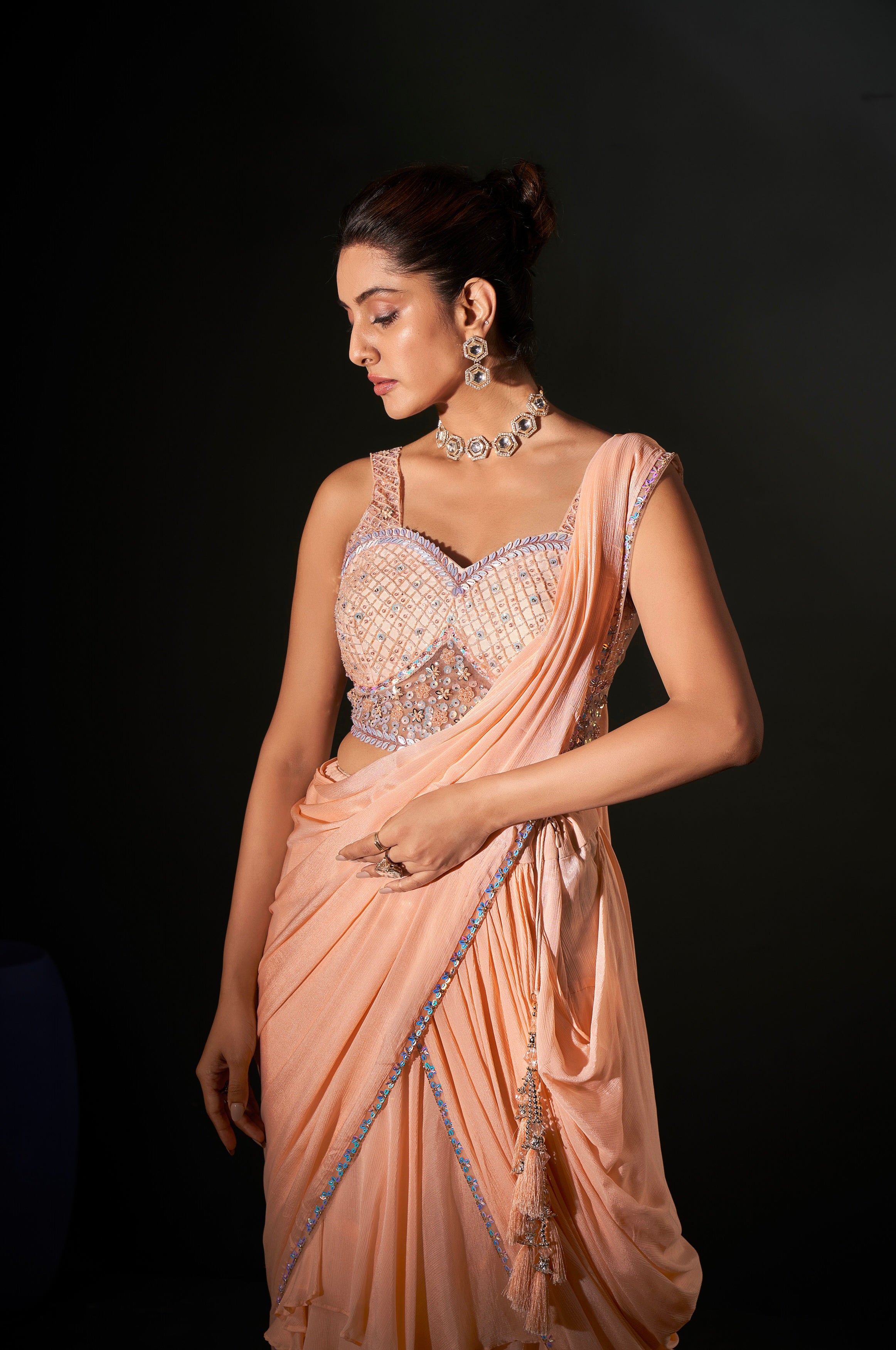 Peach Ready-to-Wear Georgette Chiffon Saree &amp; Hand Embroidered Blouse