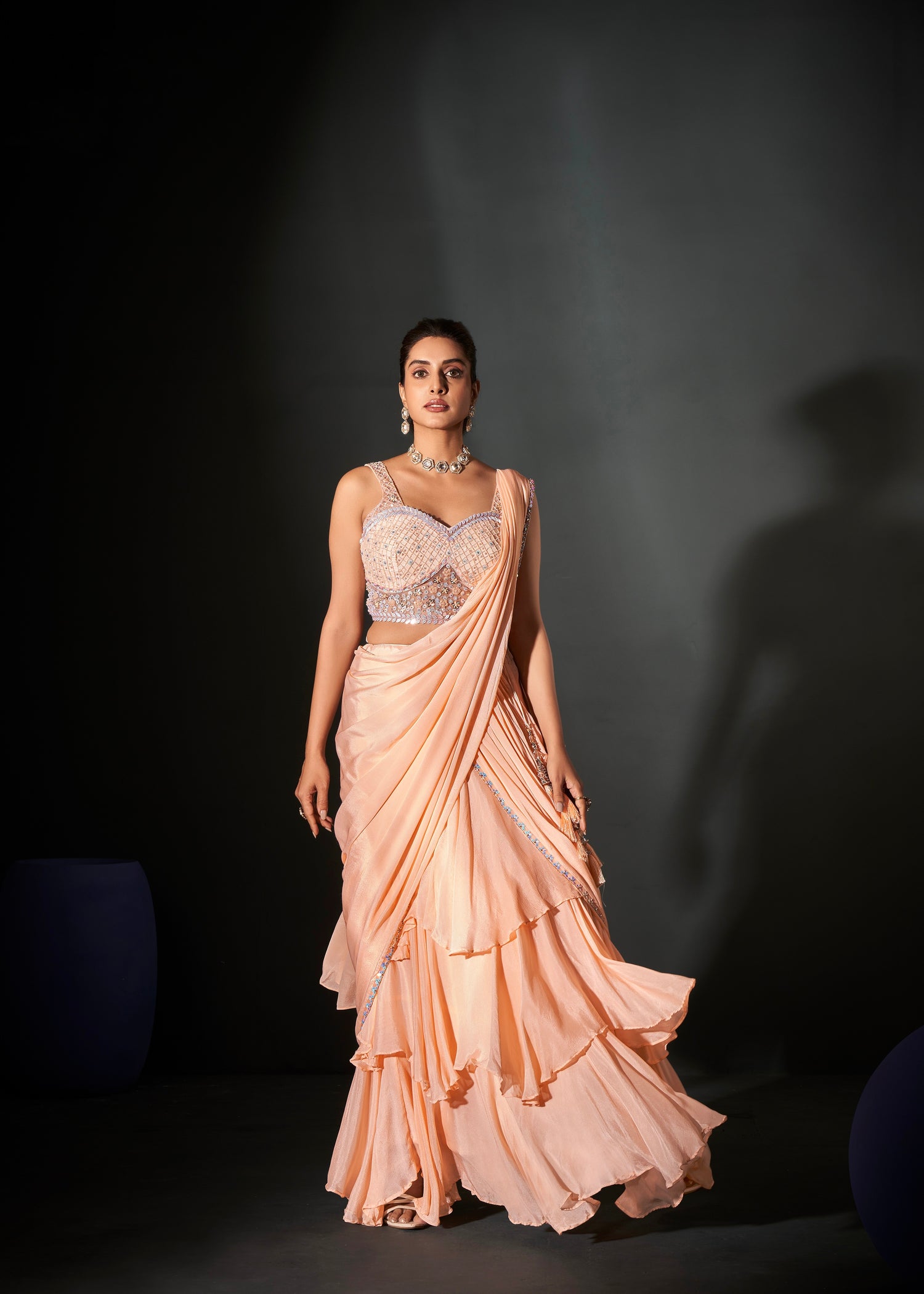 Peach Ready-to-Wear Georgette Chiffon Saree &amp; Hand Embroidered Blouse
