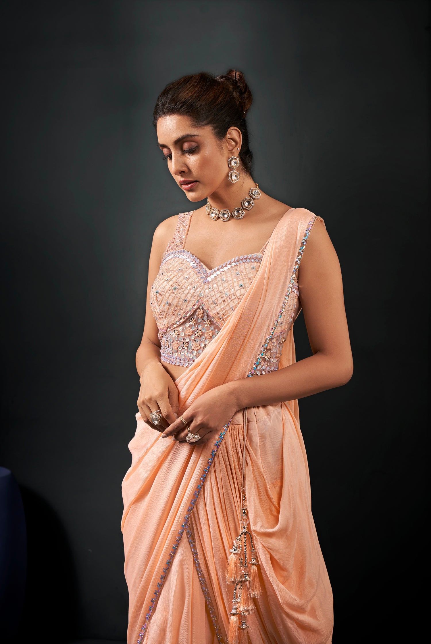Peach Ready-to-Wear Georgette Chiffon Saree &amp; Hand Embroidered Blouse