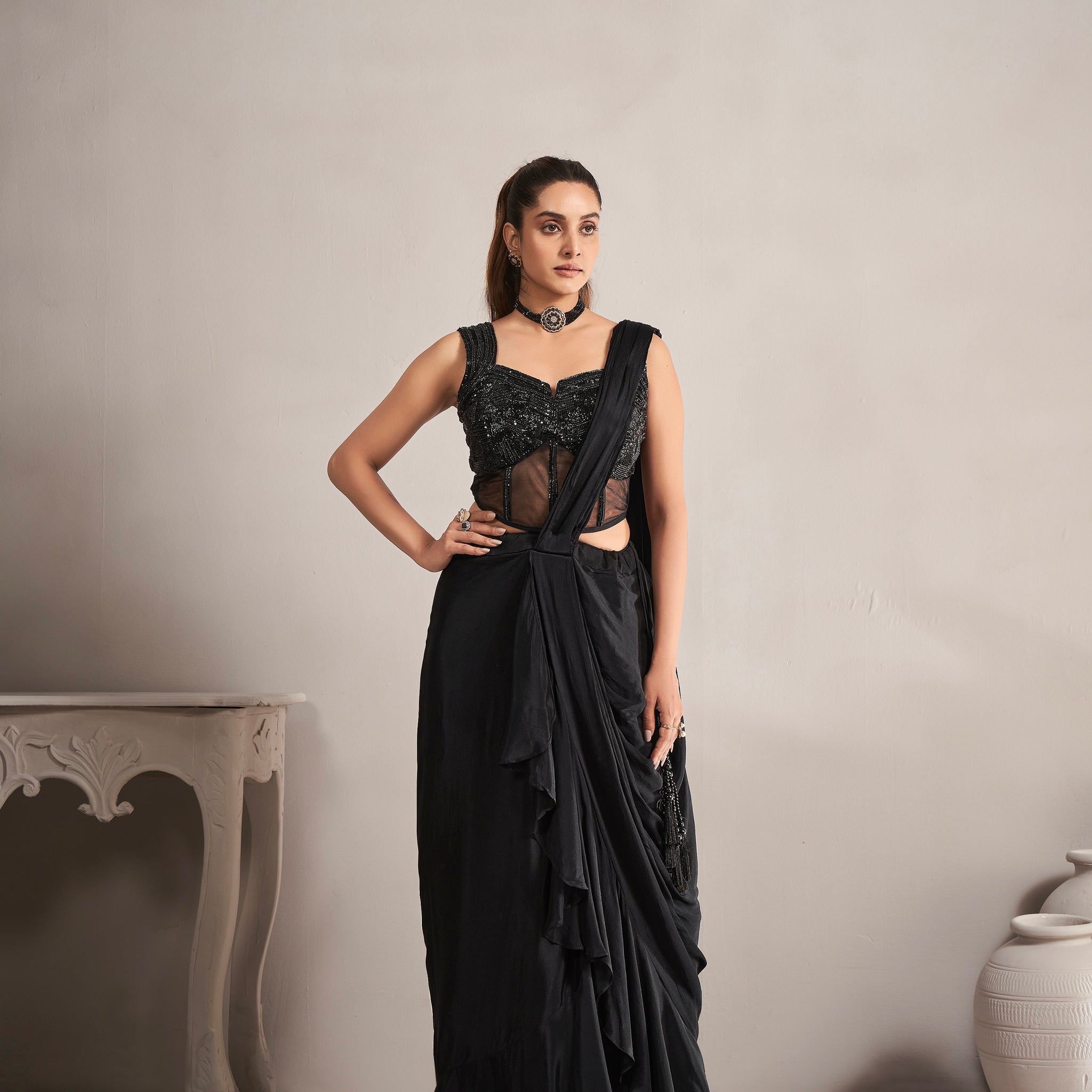 Black Ready-to-Wear Chinnon Saree with Hand Embroidered Blouse